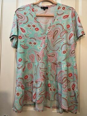 🦋 DG2 by Diane Gilman blue & pink Paisley Tiered Tunic